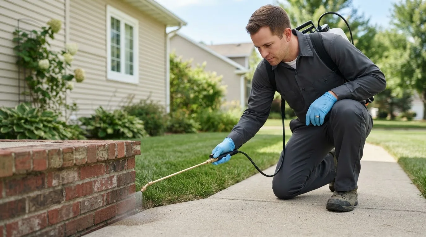 Pest control technician treating a home near Lima, NY