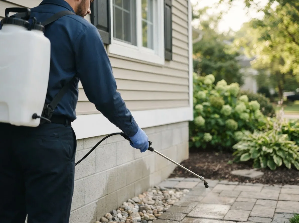 Pest control technician inspecting a home in Lima, NY